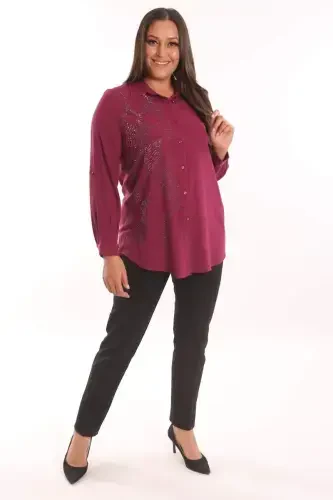 Trend42plus Plus Size Stone Print Detailed Woven Burgundy Shirt - 2