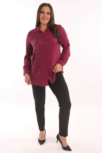 Trend42plus Plus Size Stone Print Detailed Woven Burgundy Shirt - 4
