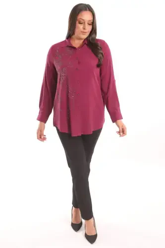 Trend42plus Plus Size Stone Print Detailed Woven Burgundy Shirt - 5