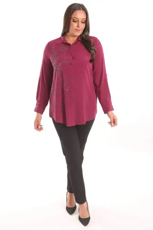 Trend42plus Plus Size Stone Print Detailed Woven Burgundy Shirt - 5