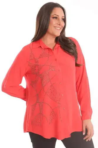Trend42plus Plus Size Stone Print Detailed Woven Coral Shirt - 1