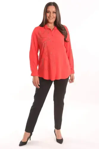 Trend42plus Plus Size Stone Print Detailed Woven Coral Shirt - 2