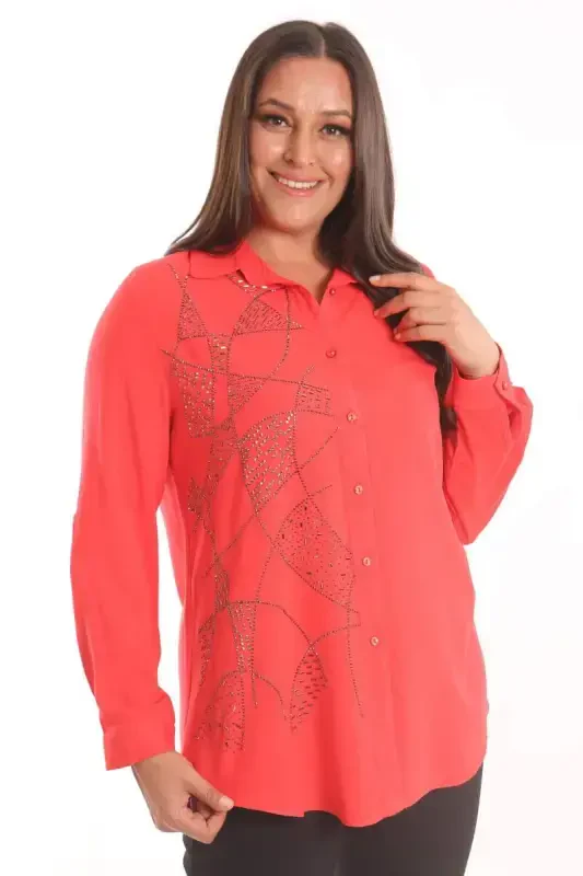 Trend42plus Plus Size Stone Print Detailed Woven Coral Shirt - 3