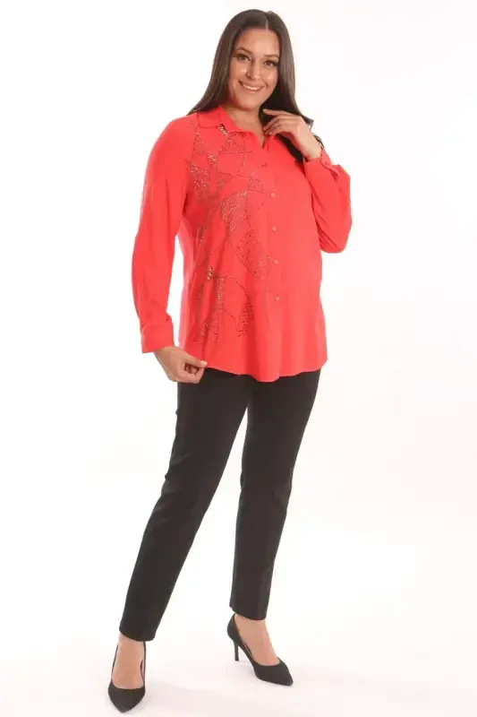 Trend42plus Plus Size Stone Print Detailed Woven Coral Shirt - 4