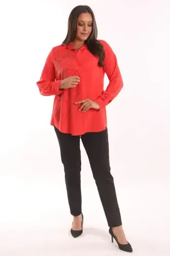 Trend42plus Plus Size Stone Print Detailed Woven Coral Shirt - 5