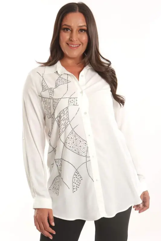 Trend42plus Plus Size Stone Print Detailed Woven Ecru Shirt - 1