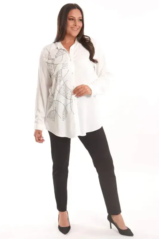 Trend42plus Plus Size Stone Print Detailed Woven Ecru Shirt - 2