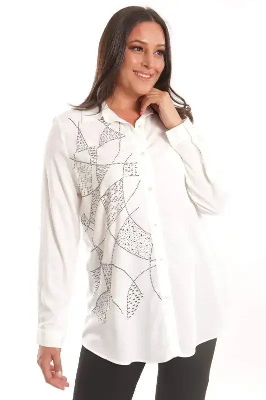 Trend42plus Plus Size Stone Print Detailed Woven Ecru Shirt - 3