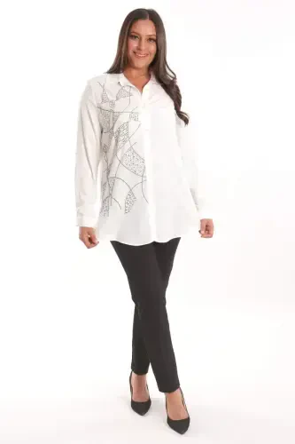 Trend42plus Plus Size Stone Print Detailed Woven Ecru Shirt - 4