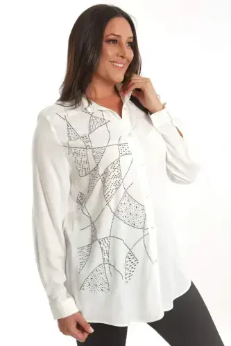 Trend42plus Plus Size Stone Print Detailed Woven Ecru Shirt - 5