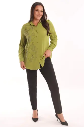 Trend42plus Plus Size Stone Print Detailed Woven Pistachio Green Shirt - 2