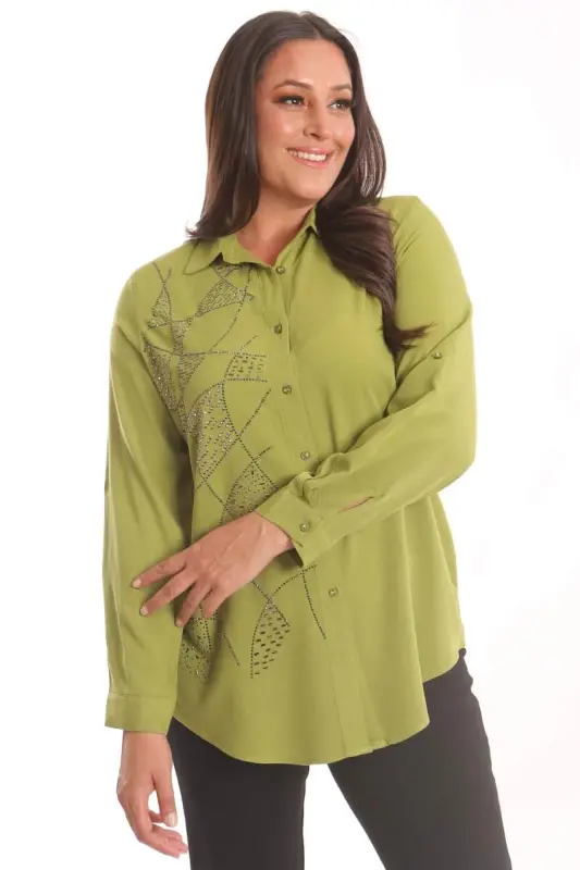 Trend42plus Plus Size Stone Print Detailed Woven Pistachio Green Shirt - 3