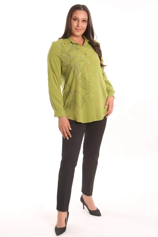Trend42plus Plus Size Stone Print Detailed Woven Pistachio Green Shirt - 4