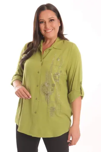 Trend42plus Plus Size Stone Print Detailed Woven Pistachio Green Shirt - 1