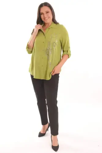 Trend42plus Plus Size Stone Print Detailed Woven Pistachio Green Shirt - 4