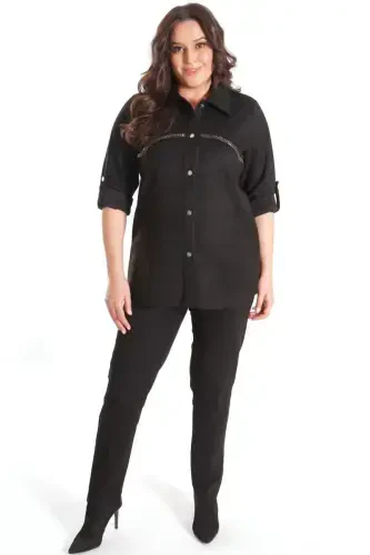 Trend42plus Plus Size Stone Print Suede Black Shirt - 2