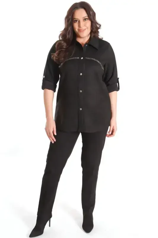 Trend42plus Plus Size Stone Print Suede Black Shirt - 2