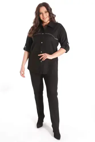 Trend42plus Plus Size Stone Print Suede Black Shirt - 4