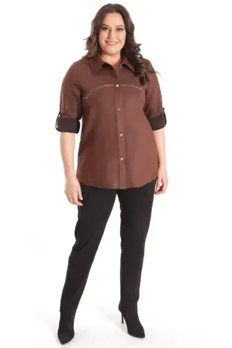 Trend42plus Plus Size Stone Print Suede Brown Shirt - 2