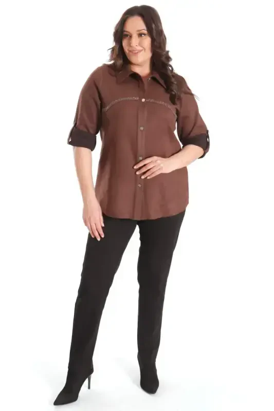 Trend42plus Plus Size Stone Print Suede Brown Shirt - 4