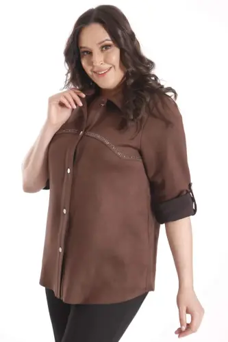 Trend42plus Plus Size Stone Print Suede Brown Shirt - 5
