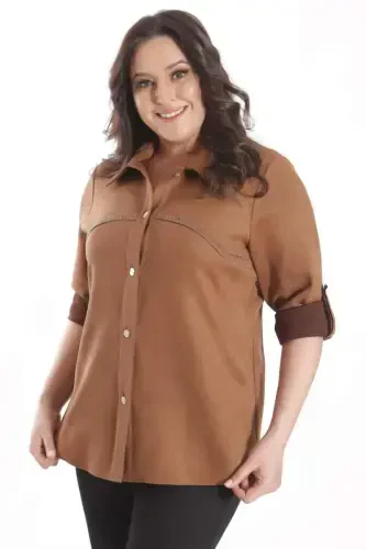 Trend42plus Plus Size Stone Print Suede Camel Shirt - 1