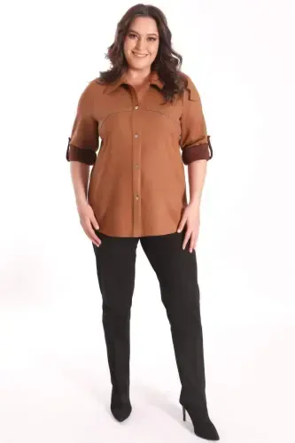 Trend42plus Plus Size Stone Print Suede Camel Shirt - 4