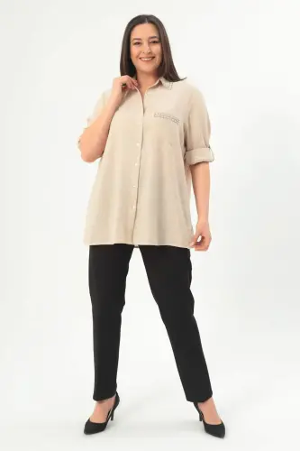 Trend42plus Plus Size Stone Printed Beige Shirt - BÜYÜKBEDENIZ (1)