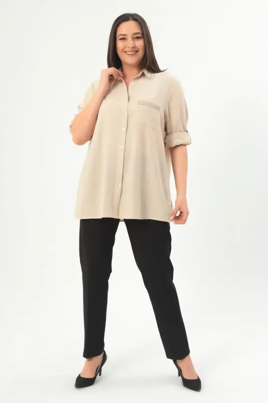 Trend42plus Plus Size Stone Printed Beige Shirt - 2