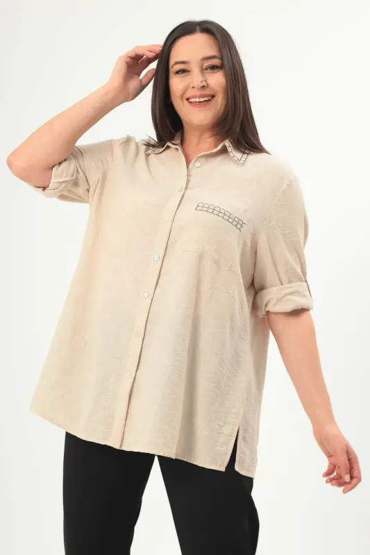 Trend42plus Plus Size Stone Printed Beige Shirt - 3