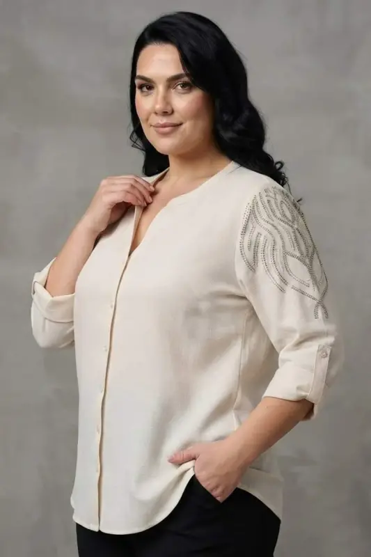 Trend42plus Plus Size Stone Printed C-Neck Beige Shirt - 2