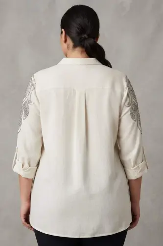 Trend42plus Plus Size Stone Printed C-Neck Beige Shirt - 5