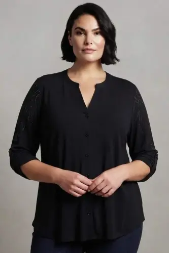 Trend42plus Plus Size Stone Printed C-Neck Black Shirt - 2