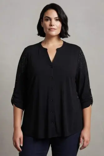Trend42plus Plus Size Stone Printed C-Neck Black Shirt - 3