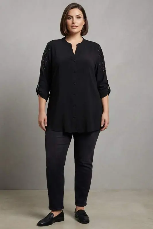Trend42plus Plus Size Stone Printed C-Neck Black Shirt - 4