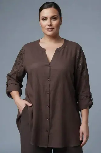 Trend42plus Plus Size Stone Printed C-Neck Brown Shirt - 1