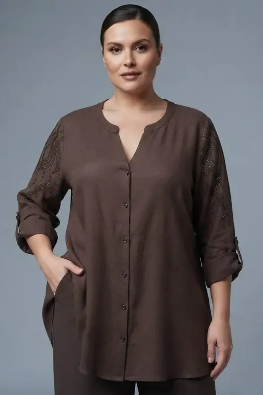 Trend42plus Plus Size Stone Printed C-Neck Brown Shirt - 1