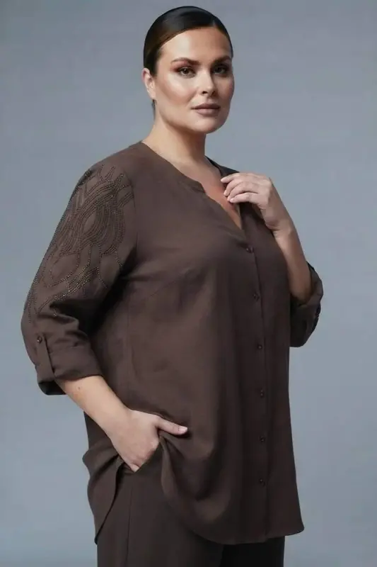 Trend42plus Plus Size Stone Printed C-Neck Brown Shirt - 3