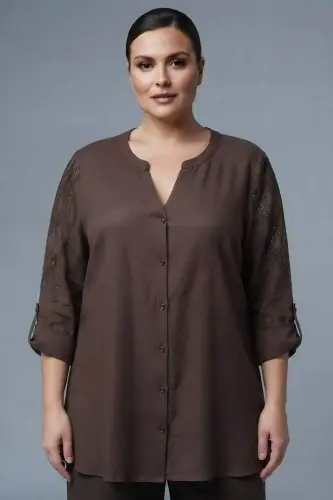 Trend42plus Plus Size Stone Printed C-Neck Brown Shirt - 4