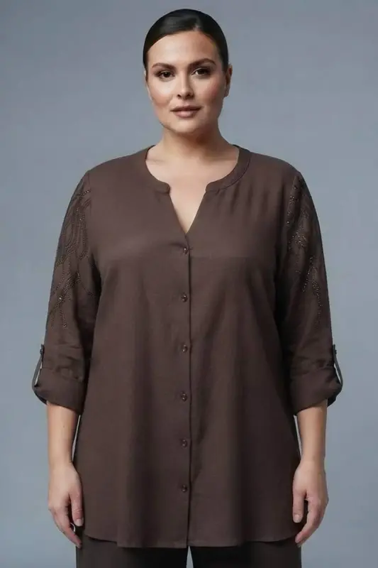 Trend42plus Plus Size Stone Printed C-Neck Brown Shirt - 4