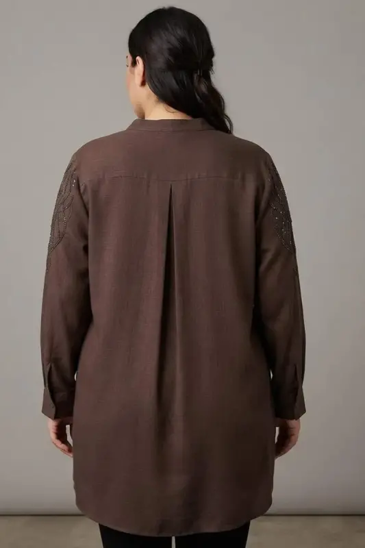 Trend42plus Plus Size Stone Printed C-Neck Brown Shirt - 6