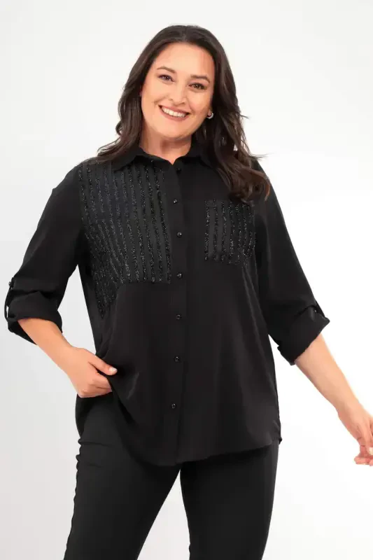 Trend42plus Plus Size Striped Glitter Pocketed Black Shirt - 1