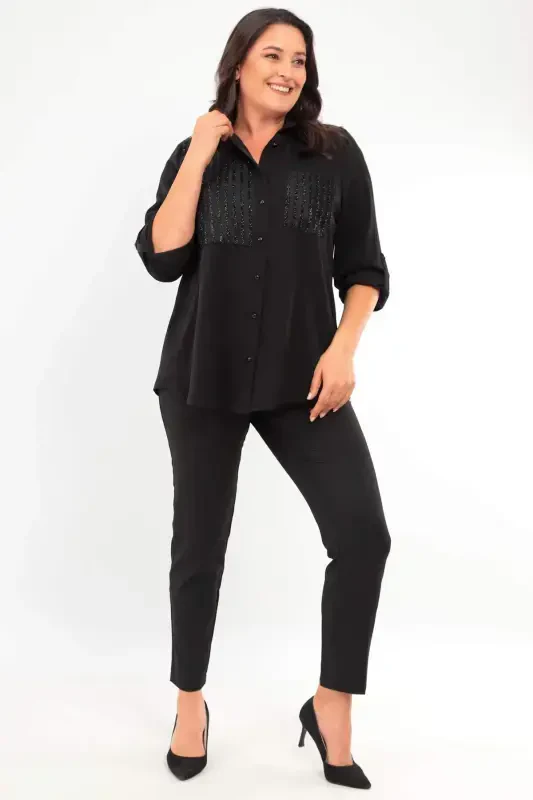 Trend42plus Plus Size Striped Glitter Pocketed Black Shirt - 2
