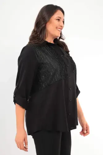 Trend42plus Plus Size Striped Glitter Pocketed Black Shirt - 3