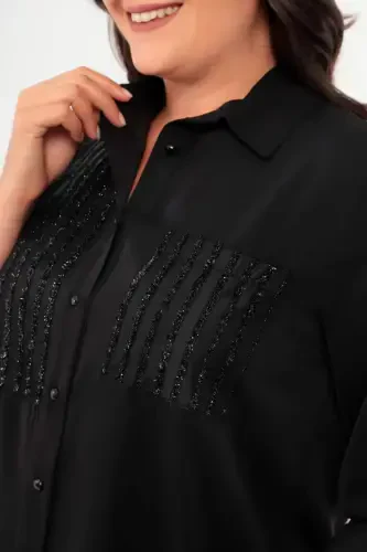 Trend42plus Plus Size Striped Glitter Pocketed Black Shirt - 4