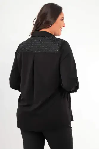 Trend42plus Plus Size Striped Glitter Pocketed Black Shirt - 5
