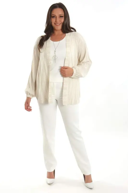 Trend42plus Plus Size Striped Oversize Beige Jacket - 2