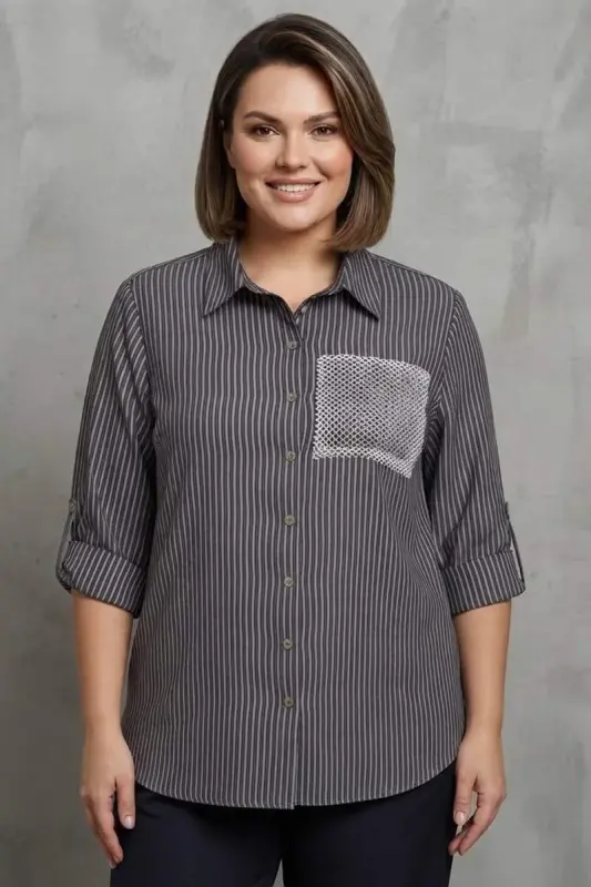 Trend42plus Plus Size Striped Pocket Mesh and Stone Detailed Brown Shirt - 2