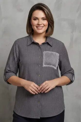 Trend42plus Plus Size Striped Pocket Mesh and Stone Detailed Brown Shirt - 4