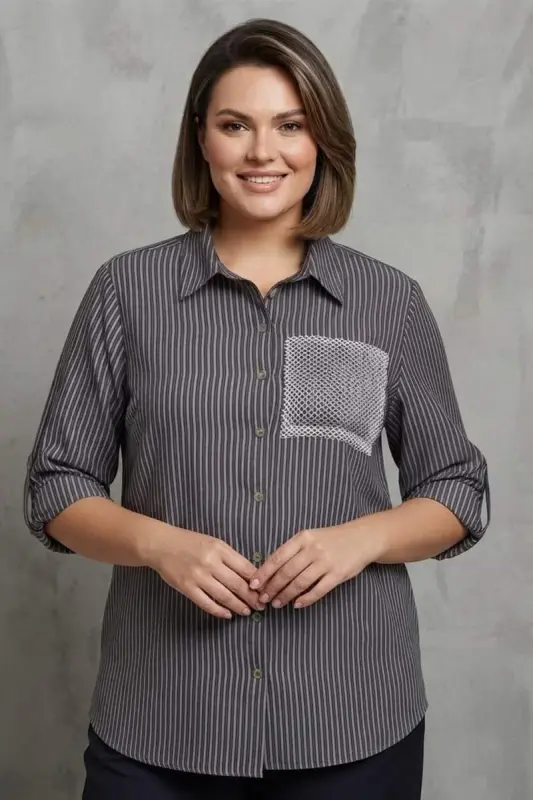 Trend42plus Plus Size Striped Pocket Mesh and Stone Detailed Brown Shirt - 4